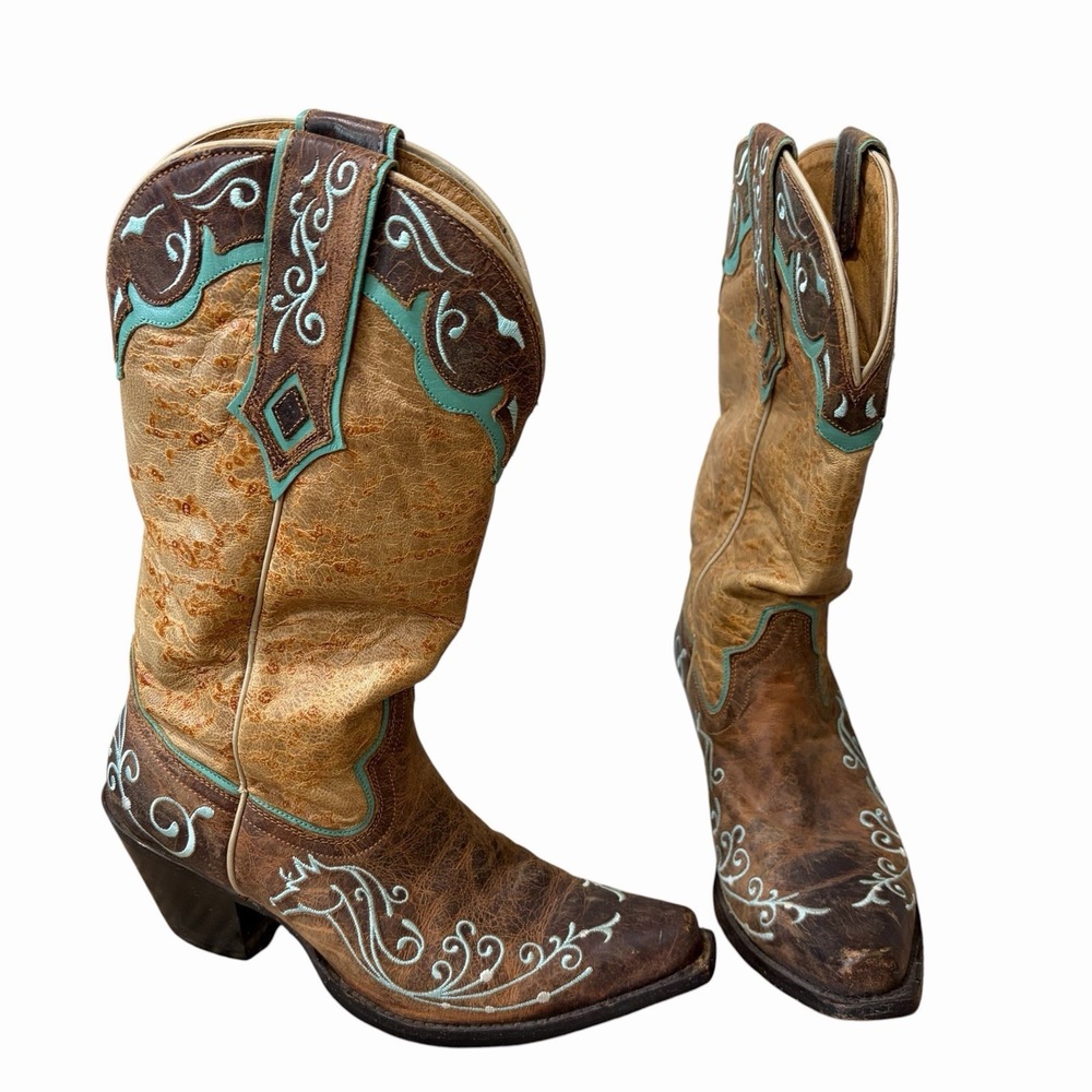 Sterling River Womens Brown Leather Turquoise‎ Embroidered Cowboy Boots Size 7 B
